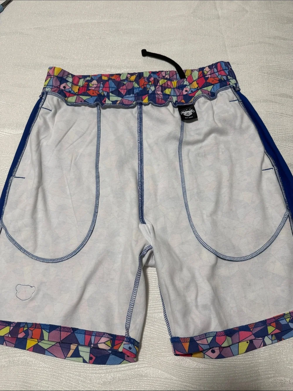 HUSTLE GANG Men Multicolor Mosaic Athletic Shorts with Blue Side Panels size L